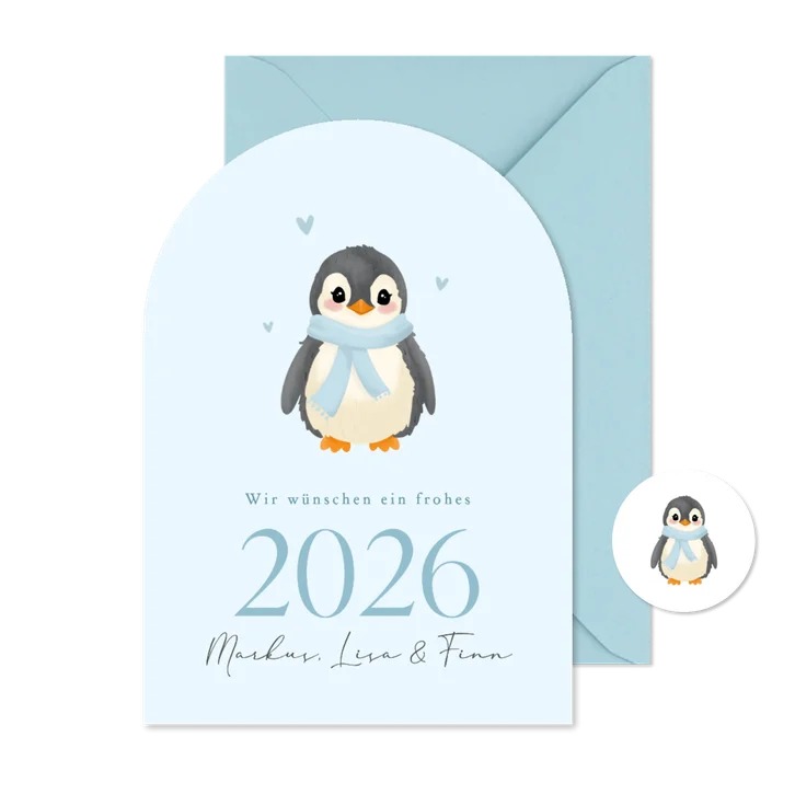 Neujahrskarte Pinguin mit Schal hellblau 2026