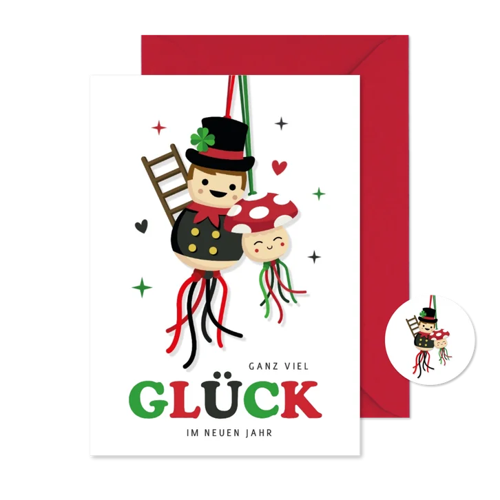 Neujahrskarte Schornsteinfeger & Fliegenpilz