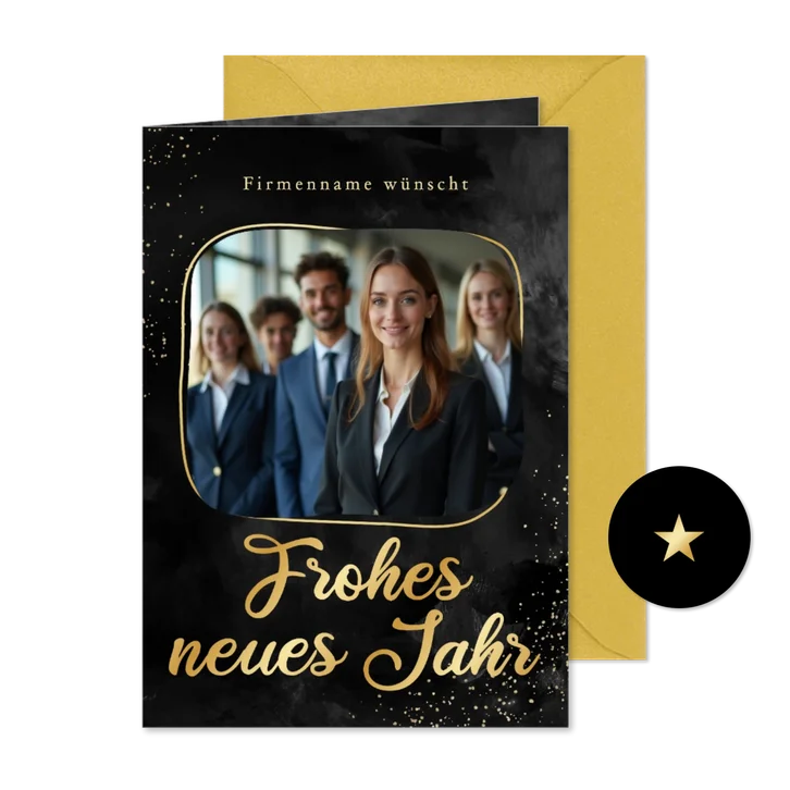 Neujahrskarte Schwarz Foto goldener Rahmen Kleckse