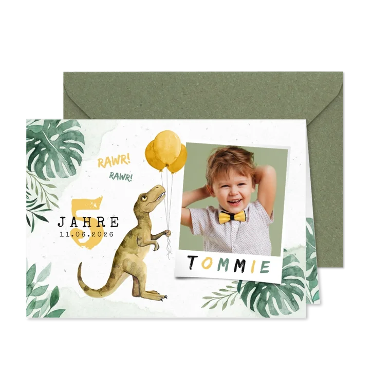 Niedliche Einladung 5. Kindergeburtstag - Dinosaurierparty 