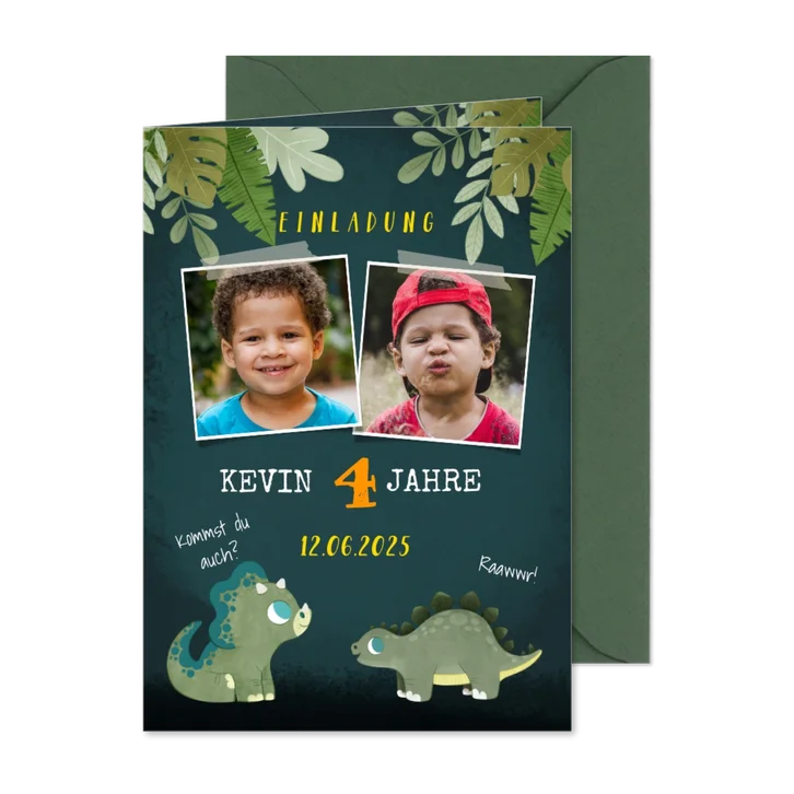 Niedliche Einladung zum Kindergeburtstag mit Dinos und Fotos