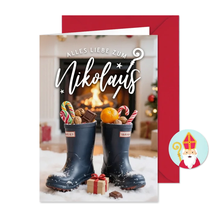 Nikolauskarte Gummistiefel Schnee Kamin Adventsgrüße