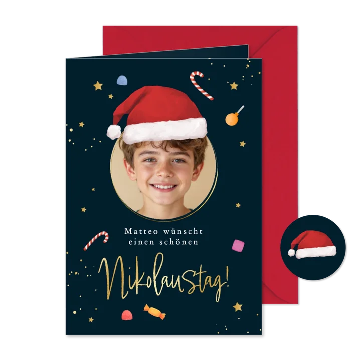 Nikolauskarte mit Foto und Nikolausmütze