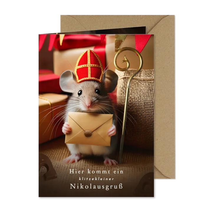 Nikolauskarte Nikolausgruß klitzekleine Maus mit Brief