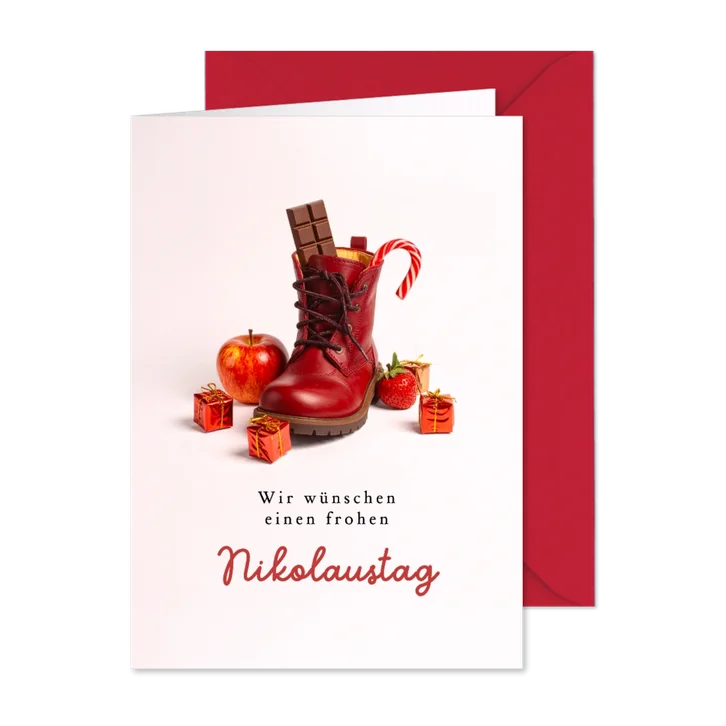 Nikolauskarte Stiefel Süßigkeiten und Geschenke
