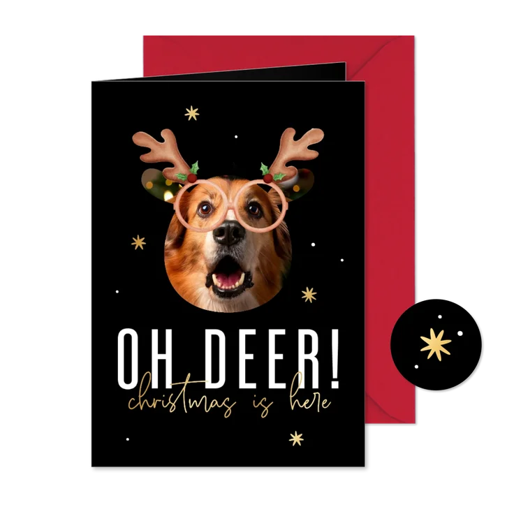 'Oh deer! Christmas is here' Weihnachtskarte mit Hund