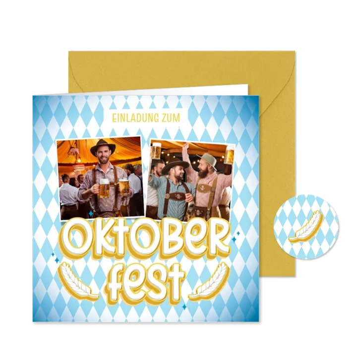 Oktoberfest Einladung mit Fotos auf blau-weißen Rauten