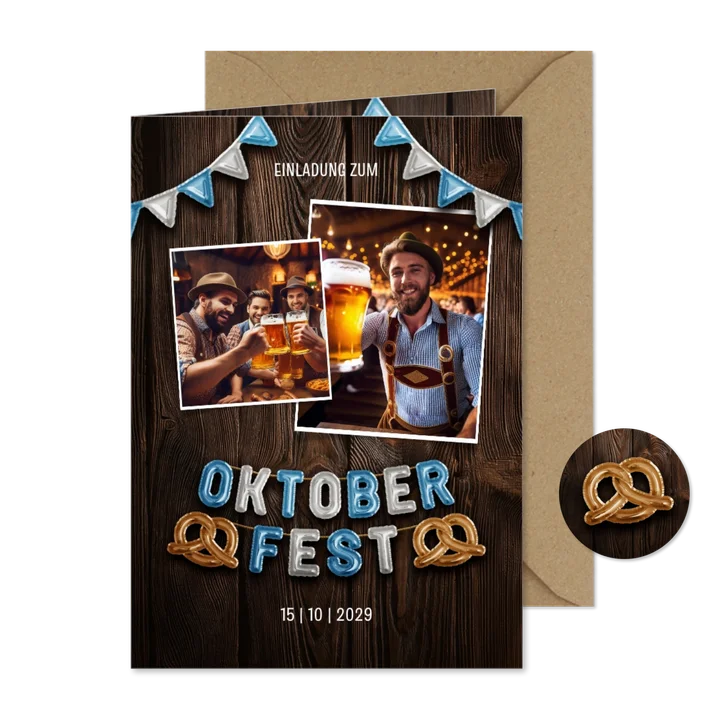 Oktoberfest Foto-Einladung Folienballons mit Brezeln
