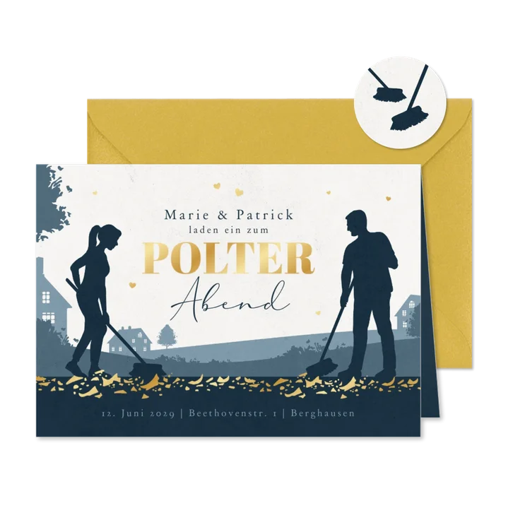 Originelle Einladungskarte Polterabend Scherben in Gold