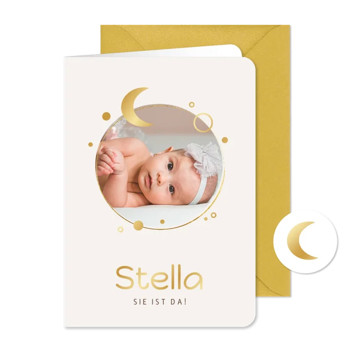 Originelle Geburtskarte mit Planeten, Foto & Golddruck