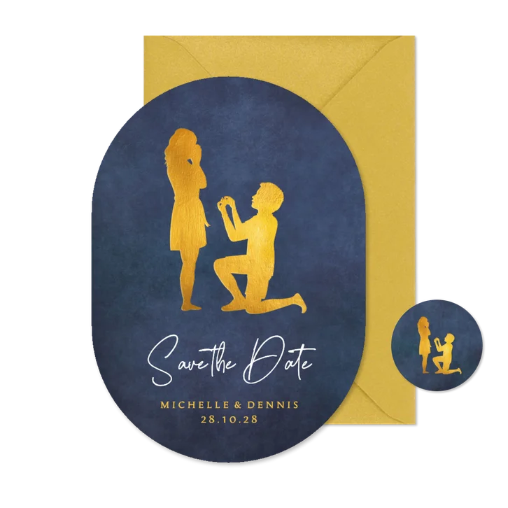 Oval 'Save the Date' Paar Heiratsantrag Scherenschnitt gold
