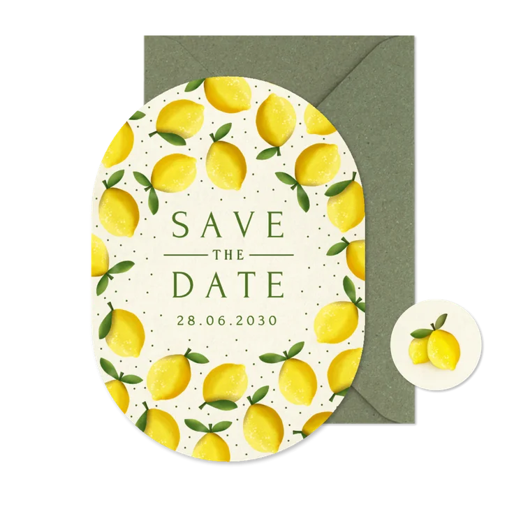 Ovale Save-the-Date-Karte Zitronen Sommer Hochzeit