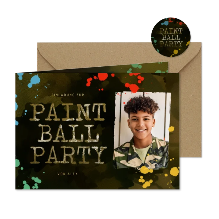 Paintball-Kindergeburtstag Einladung mit Foto