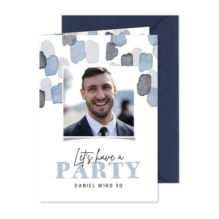 Partyeinladung Geburtstag blaue Aquarelltupfen