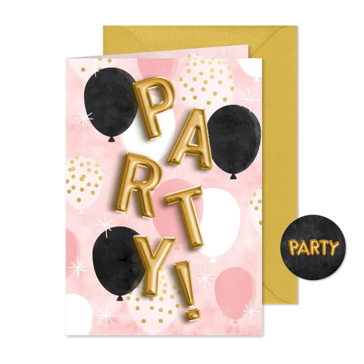 Partyeinladung mit Folienballons in Gold