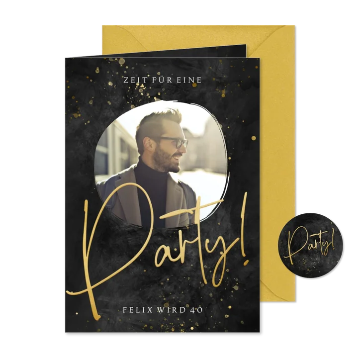 Partyeinladung zum Geburtstag schwarz mit Foto