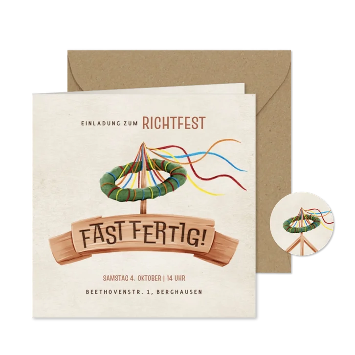 Richtfest Einladung Holzbanner 'Fast fertig'