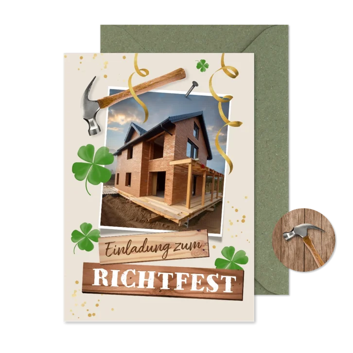Richtfest Einladungskarte Foto, Hammer & Glücksklee