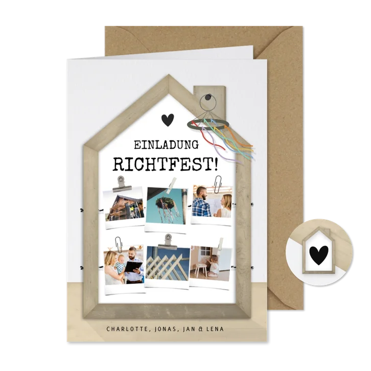 Richtfest-Einladungskarte Haus mit Fotos