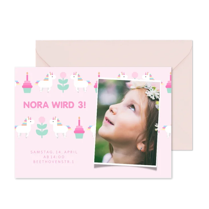 Rosa Einladung mit Foto, Einhorn und Cupcakes 3 Jahre