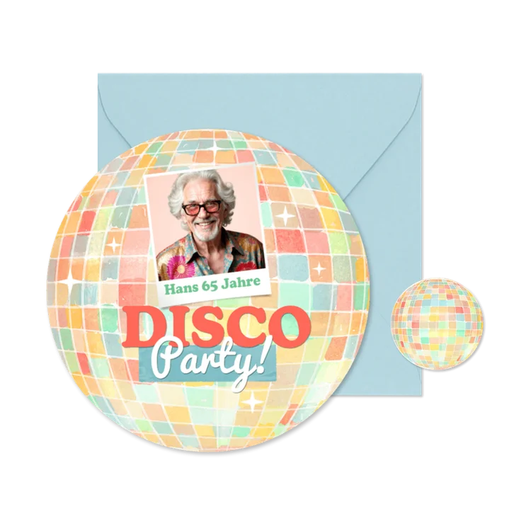 Runde Einladungskarte bunte Discokugel mit Foto