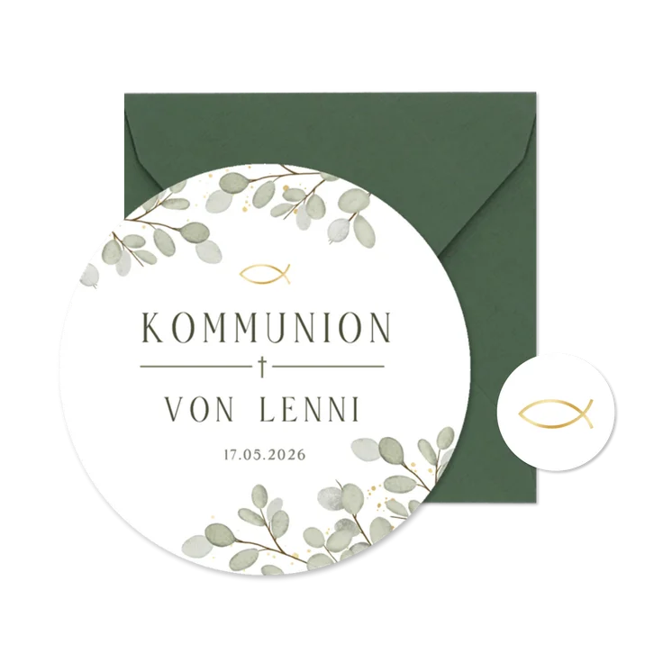 Runde Einladungskarte Kommunion Eukalyptus Ichthys