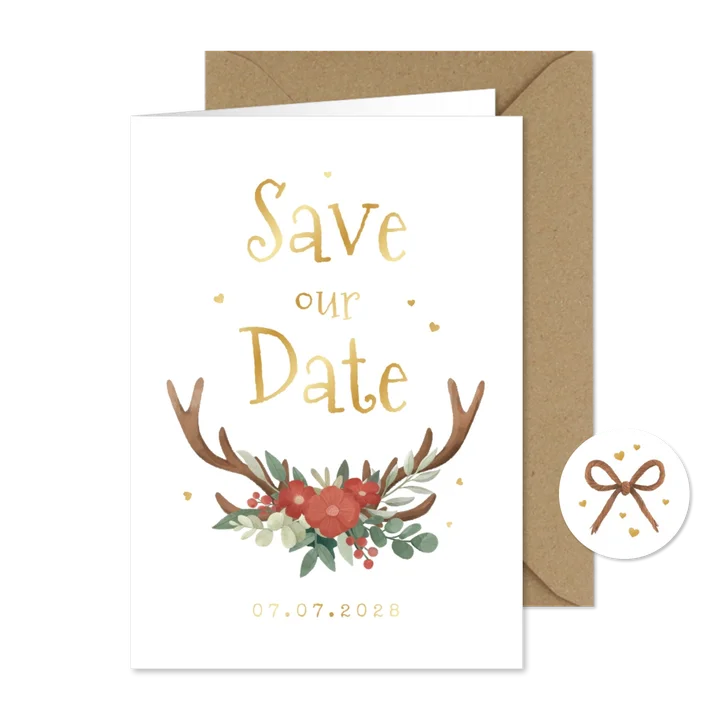 Save-our-Date-Karte Hochzeit Tracht, Blumen & Geweih