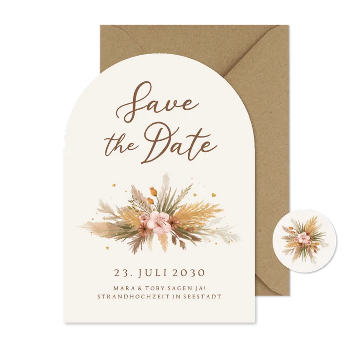 Save the Date Boho-Hochzeit Trockenblumenstrauß Bogenform