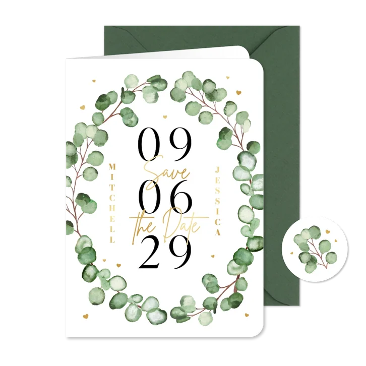 Save-the-Date-Hochzeitskarte Eukalyptuskranz Aquarell
