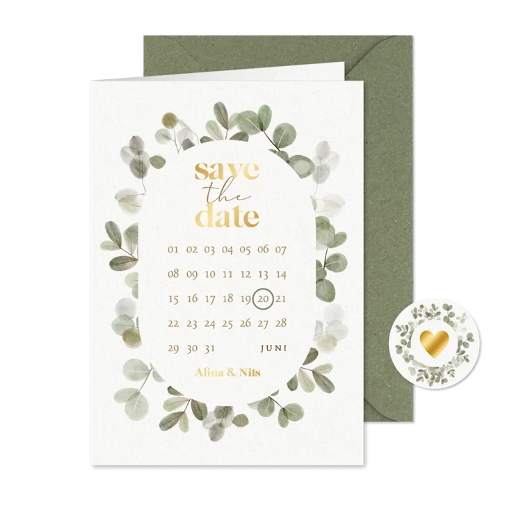 Save-the-Date-Hochzeitskarte Gold & Eukalyptuskranz