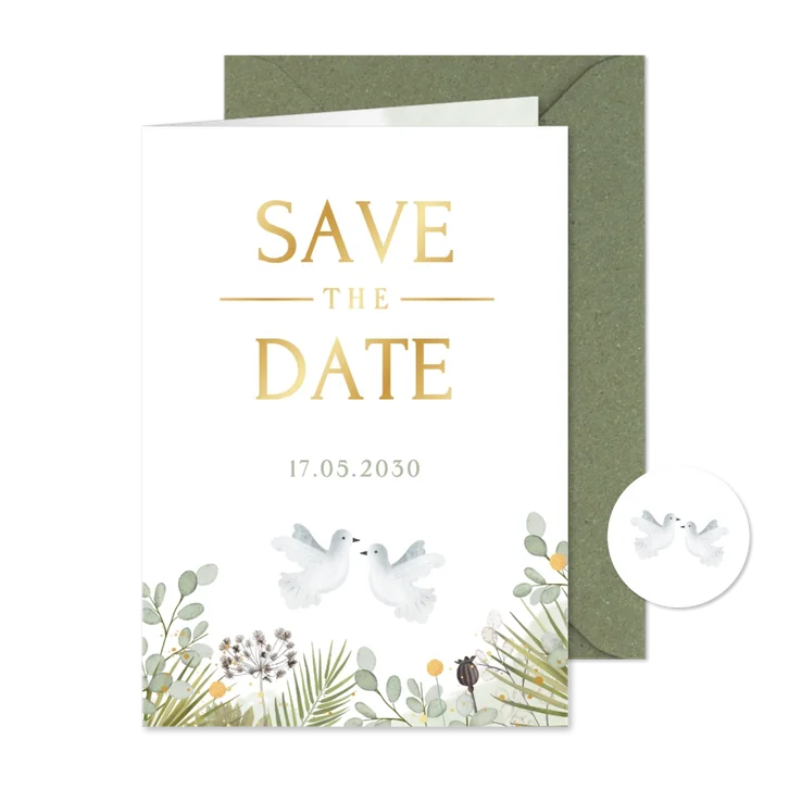Save the Date Hochzeitskarte zwei weiße Tauben grüne Zweige