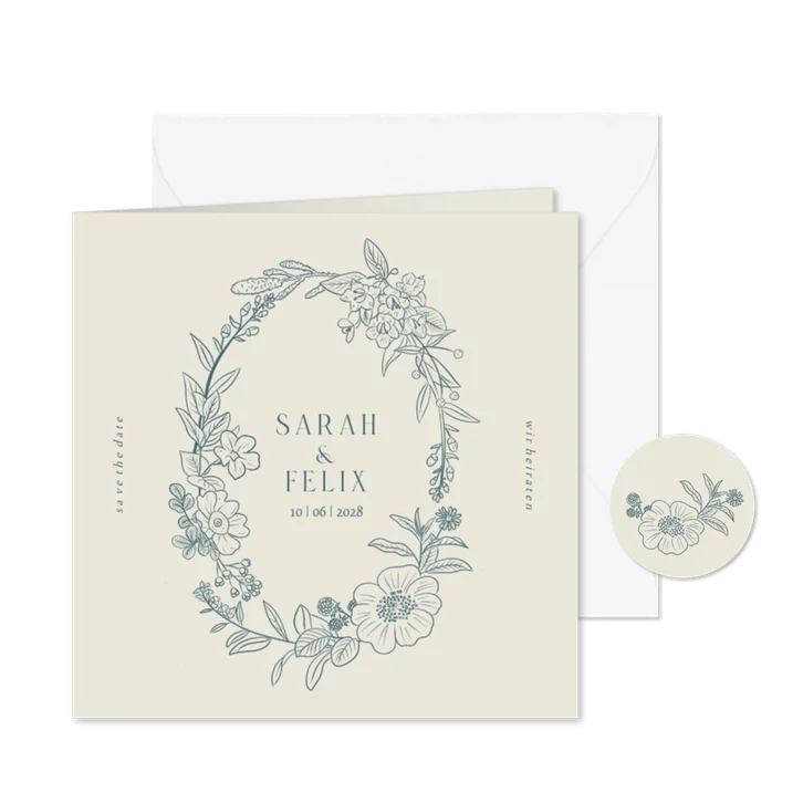 Save-the-Date-Karte blauer Blumenkranz klassisch