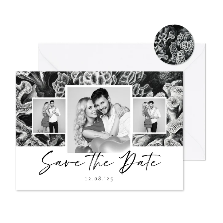 Save-the-Date-Karte drei Fotos und Unterwasserwelt