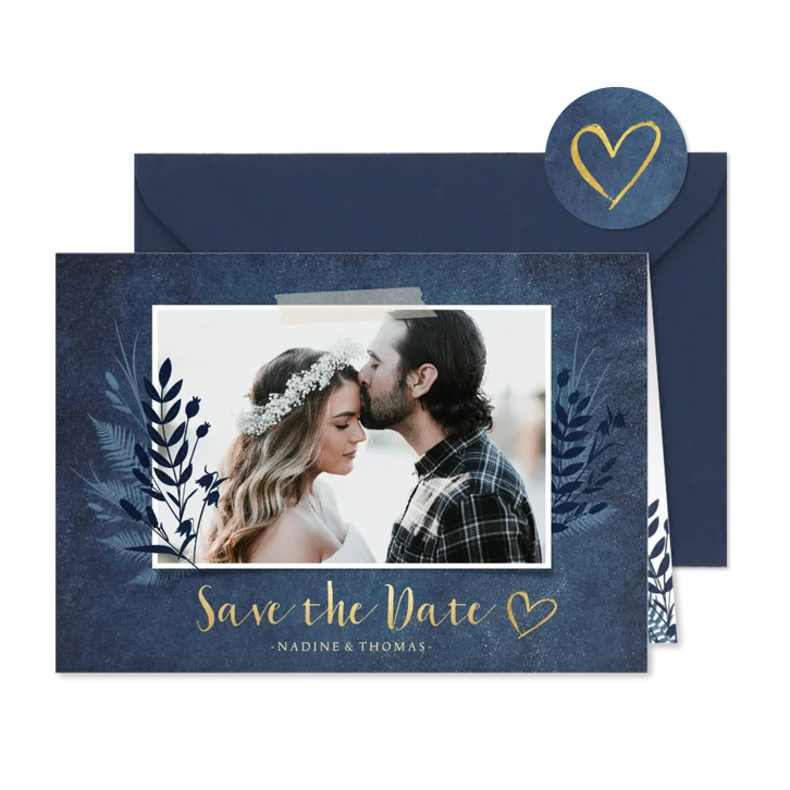 Save-the-Date-Karte dunkelblau Pflanzen und Foto