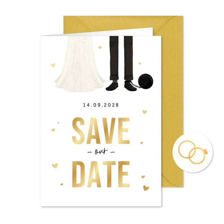 Save-the-Date-Karte Ehepaar Fußfessel Golddruck