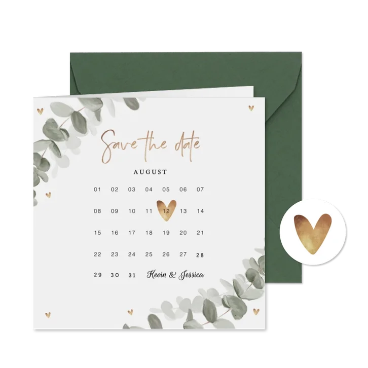 Save-the-Date-Karte Eukalyptusblatt Kalender