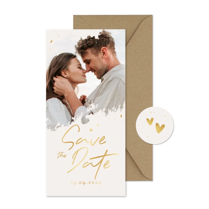 Save-The-Date-Karte Goldschrift und Foto