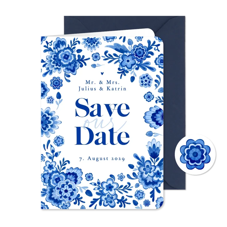 Save-the-Date-Karte Hochzeit Delfter Blau Blumendekor