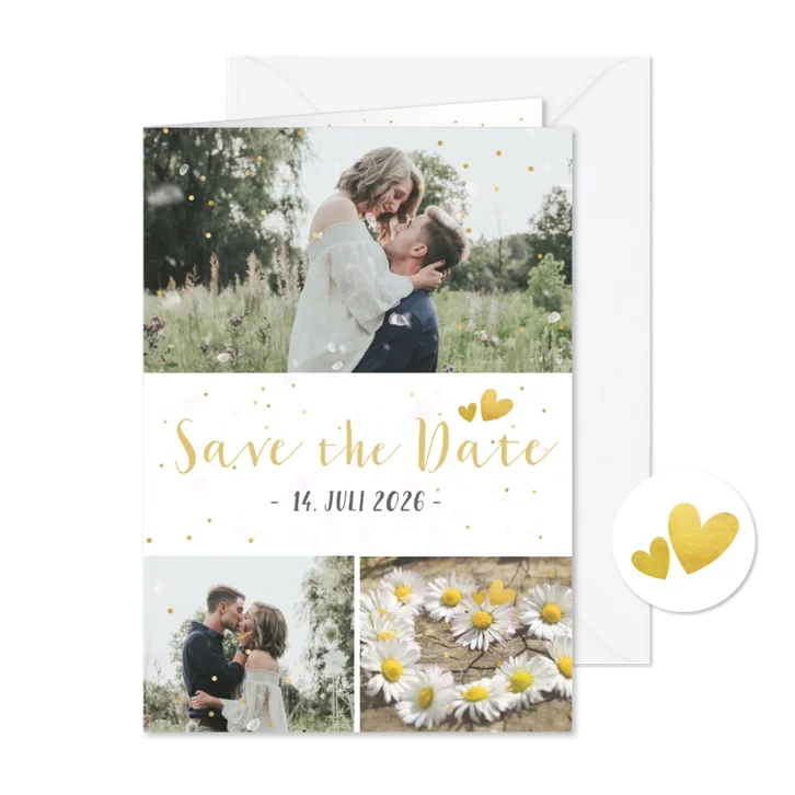 Save-the-Date-Karte Hochzeit drei Fotos und Konfetti