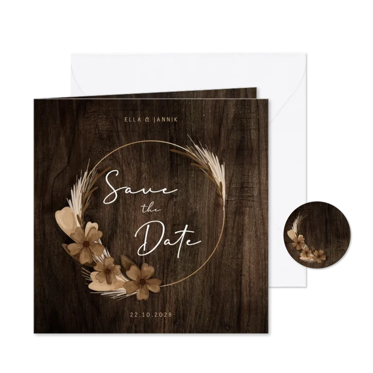 Save-the-Date-Karte Holz mit Trockenblumen
