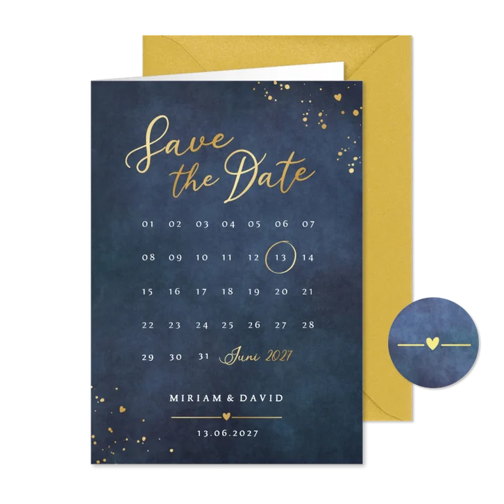 Save-the-Date-Karte Kalender Blau mit Gold