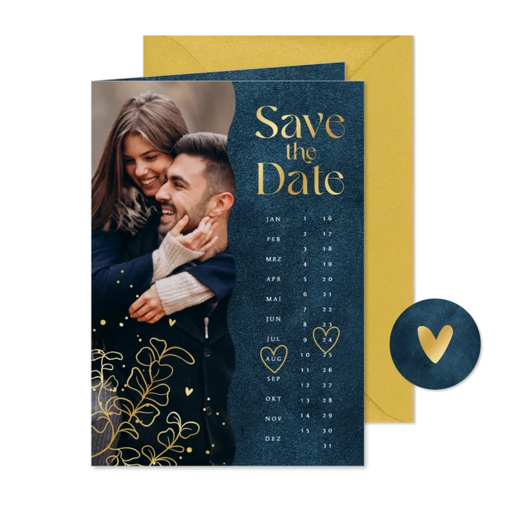 Save-The-Date-Karte Kalender Hochzeitstermin Goldblätter