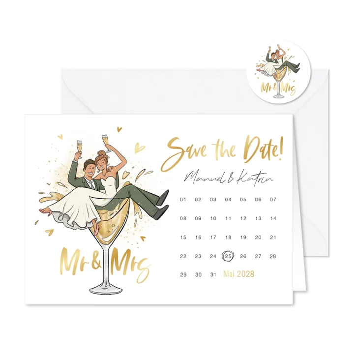 Save-the-Date-Karte Kalender lustiges Brautpaar in Glas
