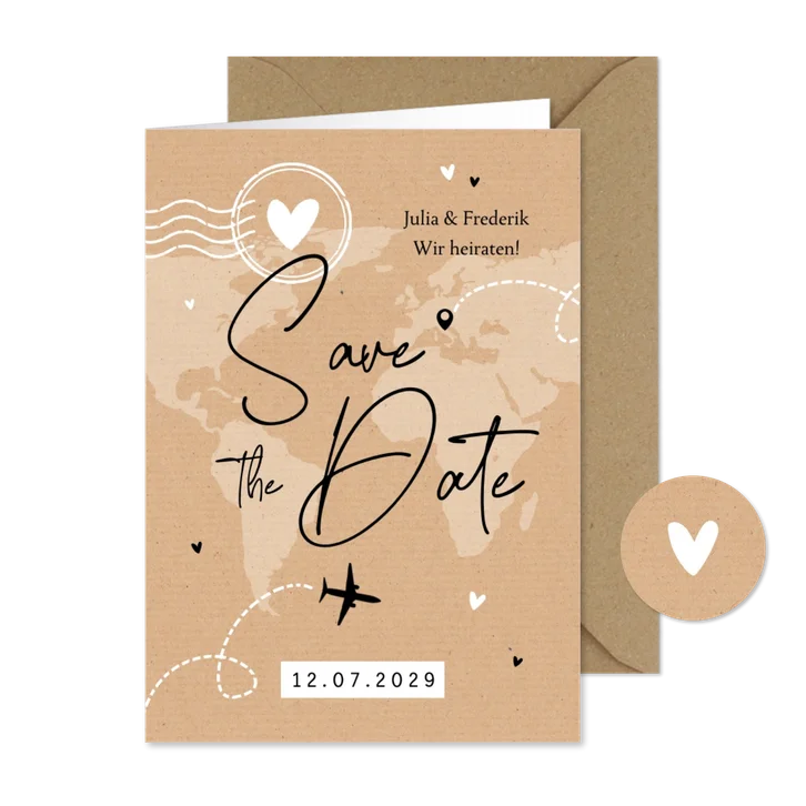 Save-the-Date-Karte Kraftpapier Weltreise
