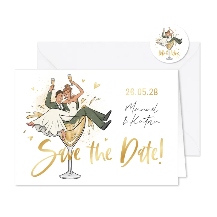 Save-the-Date-Karte lustiges Brautpaar in Glas