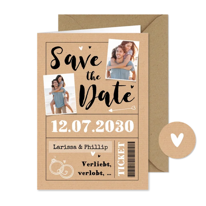 Save-the-Date-Karte mit Fotos Ticket Kraftpapier