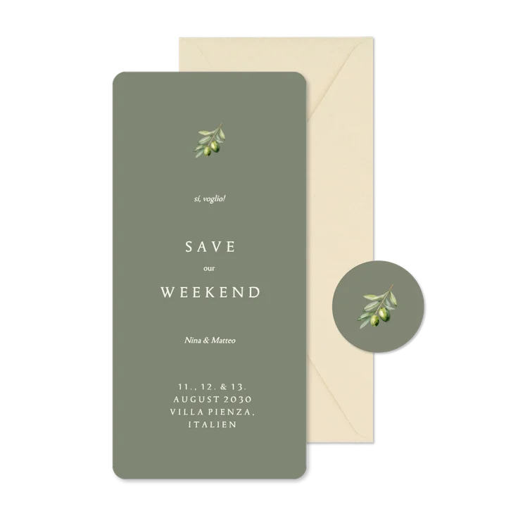 Save-the-Date Karte Olivenzweig Auslandshochzeit Weekend