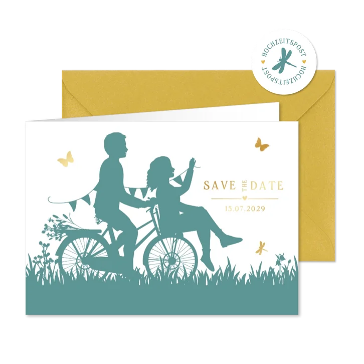 Save-the-Date Karte Paar Scherenschnitt Fahrrad