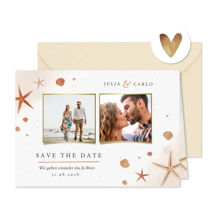 Save-the-Date-Karte Seesterne, Muscheln und eigene Fotos