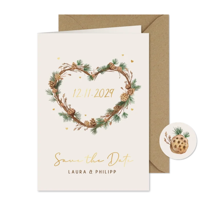 Save-the-Date-Karte Tannenzweige Herz Winterhochzeit